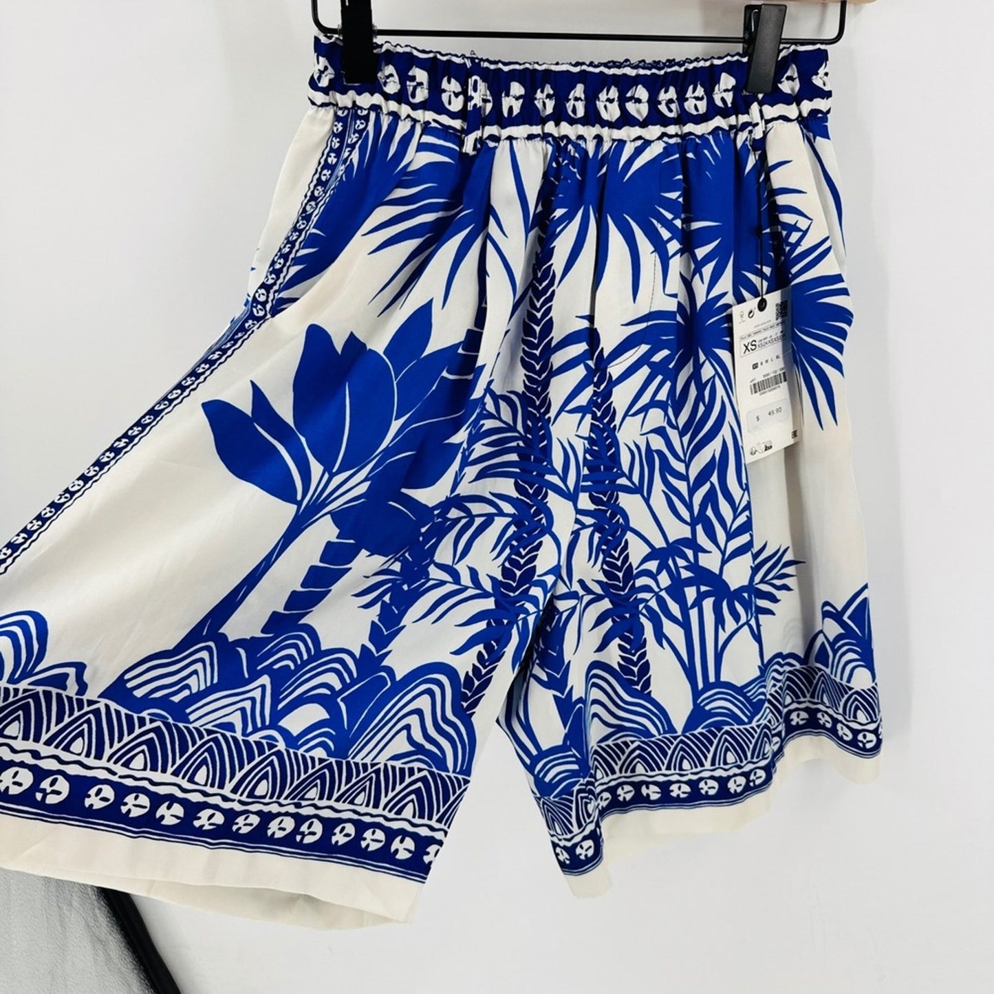 Zara Tropical Palm Print Shorts Blue White XS High Waist Coastal Resorwear NWT