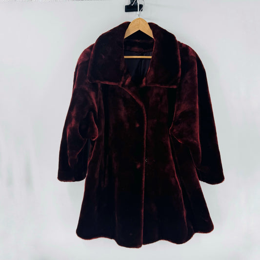 Vintage Foxrun Faux Fur Coat Made in USA Burgundy Plush Winter Jacket Size M