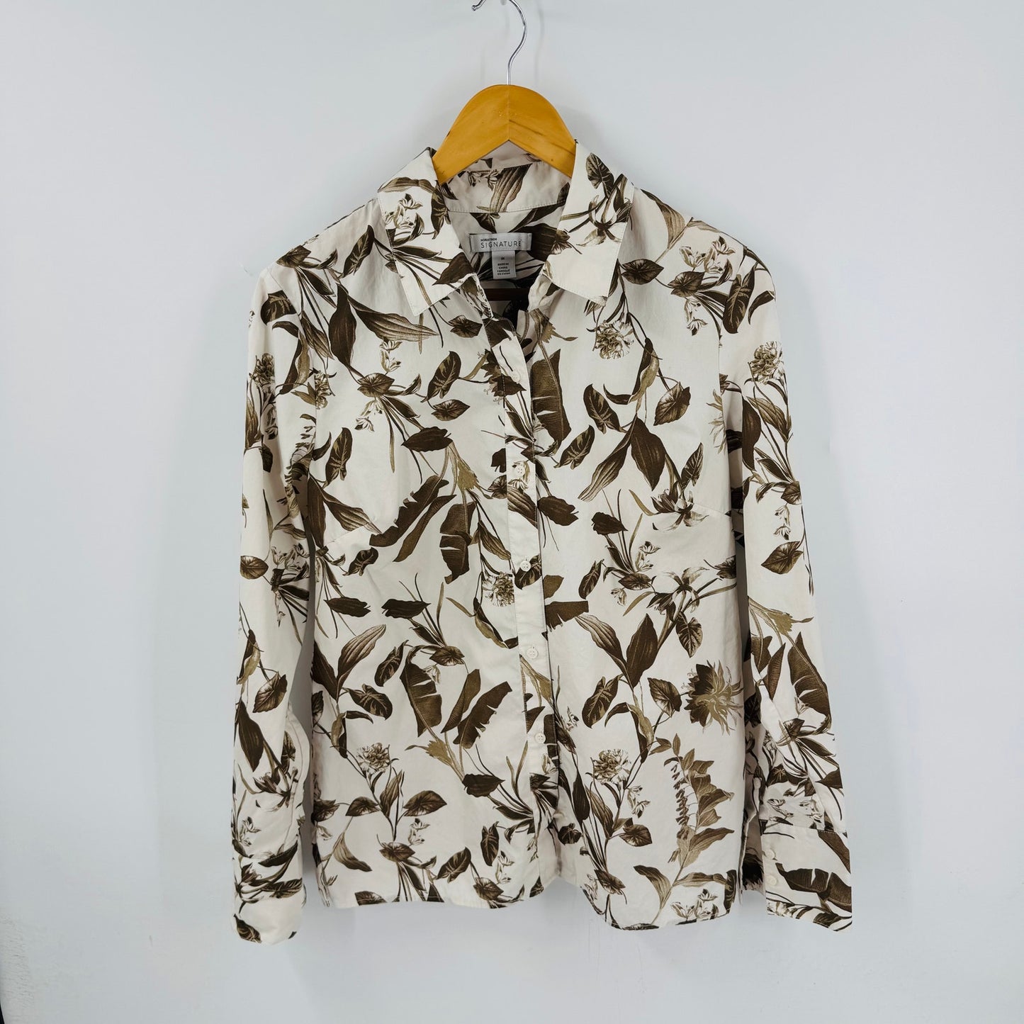 Nordstrom Signature Floral Button Down Shirt Brown Beige Cotton Top Size M