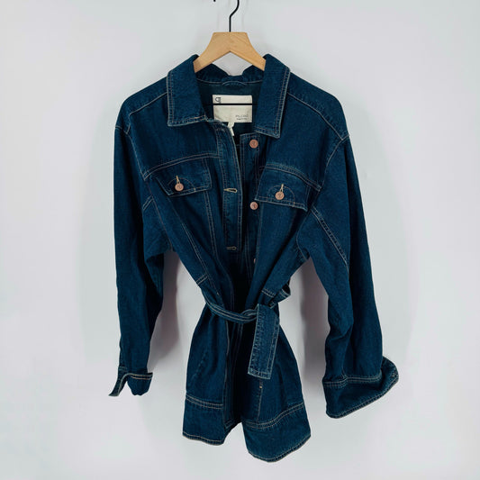 Pilcro Longline Denim Jacket Belted Waist Dark Blue Cotton Linen Blend Size L