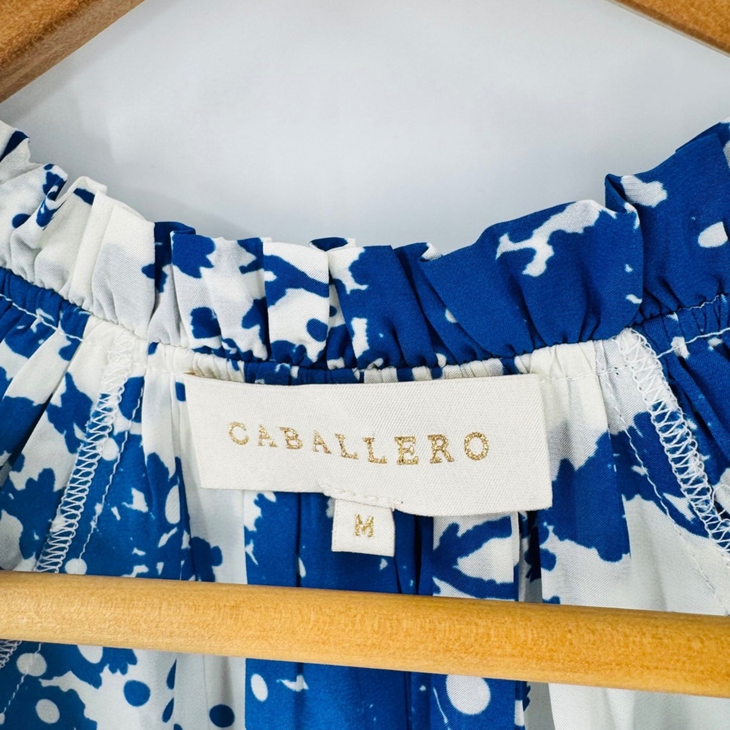Caballero Flutter Sleeve Top Blue White Medium Abstract Ruffle Coastal Boho