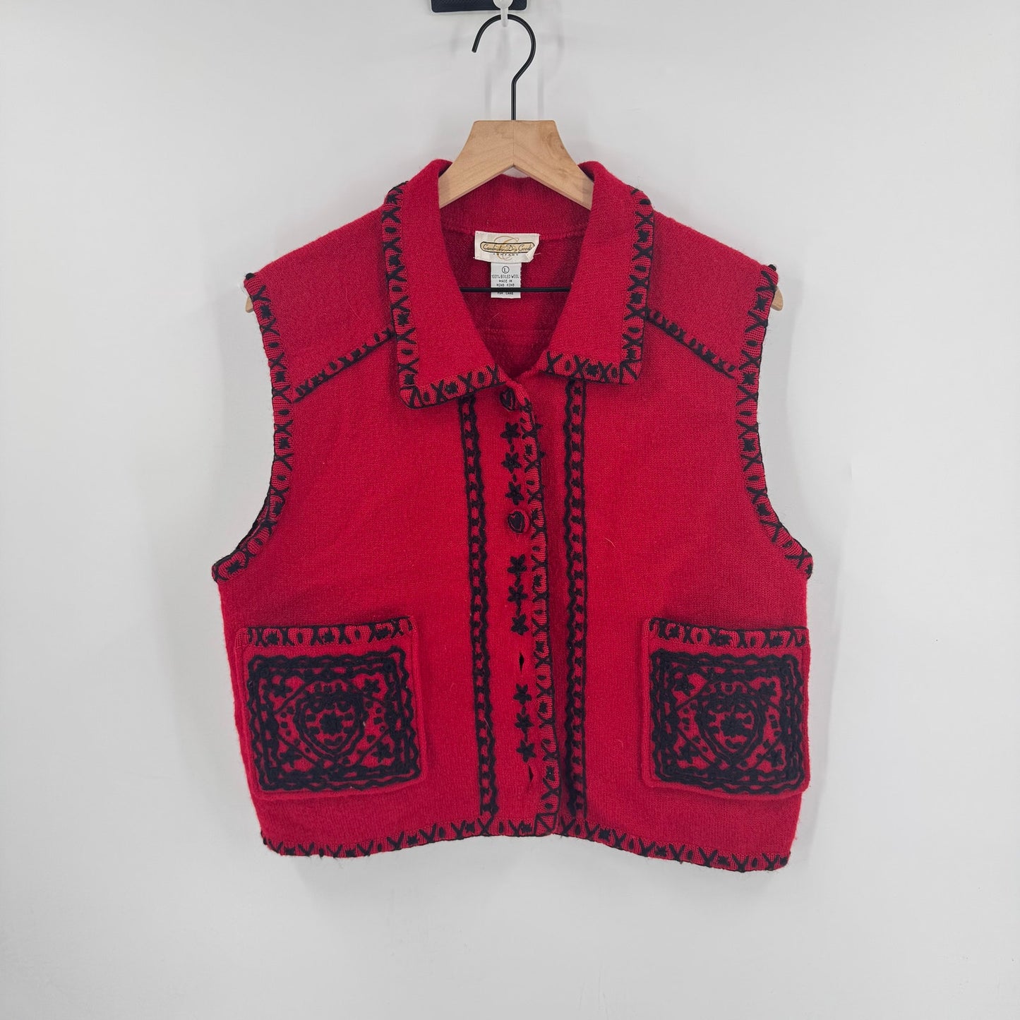 Vintage Cambridge Dry Goods Red Boiled Wool Vest Embroidered Trim Size Large