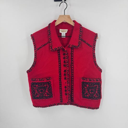 Vintage Cambridge Dry Goods Red Boiled Wool Vest Embroidered Trim Size Large