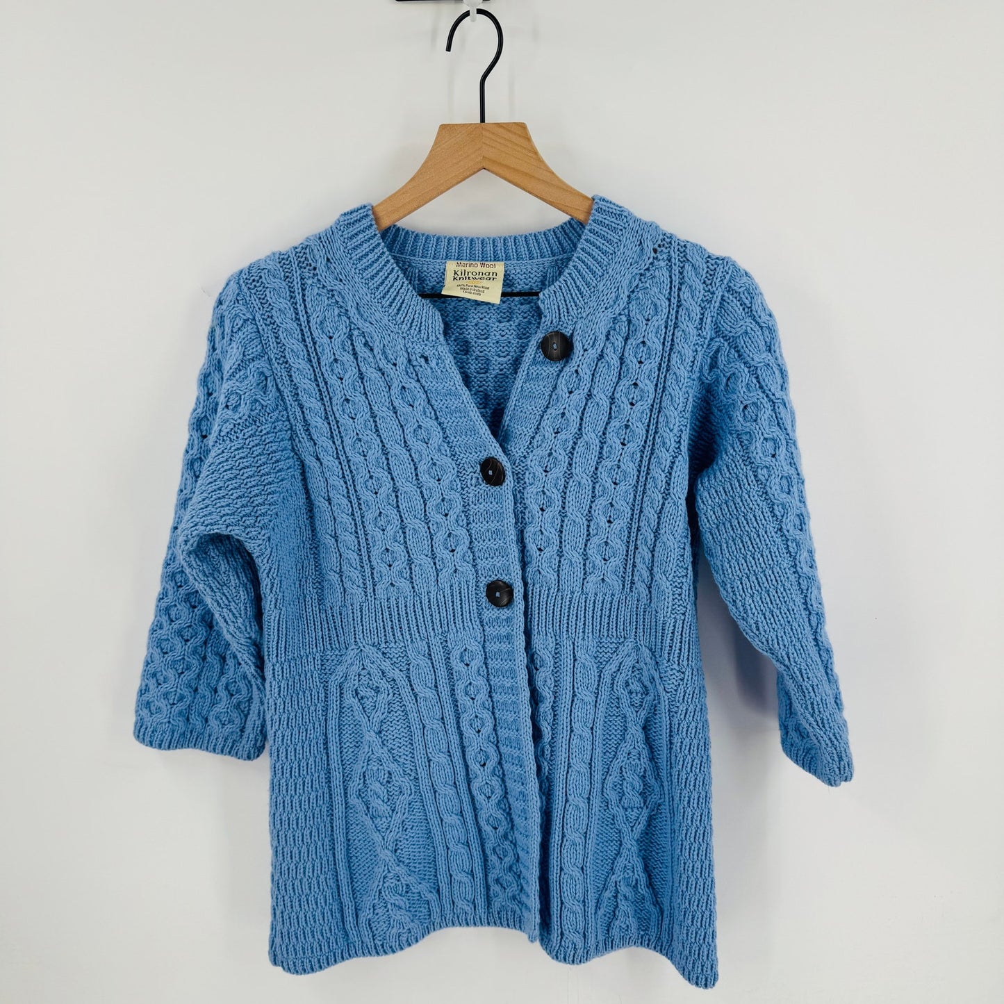 Kilronan Knitwear Irish Merino Wool Blue Aran Cardigan Buttons Small Fisherman