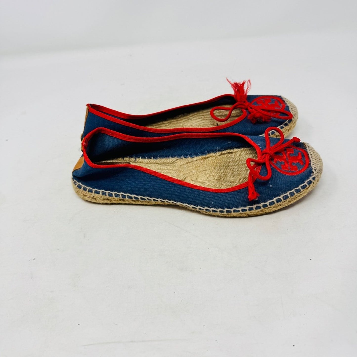 Tory Burch Canvas Espadrille Ballet Flats Bow Tassel Blue Red Slip On Size 8