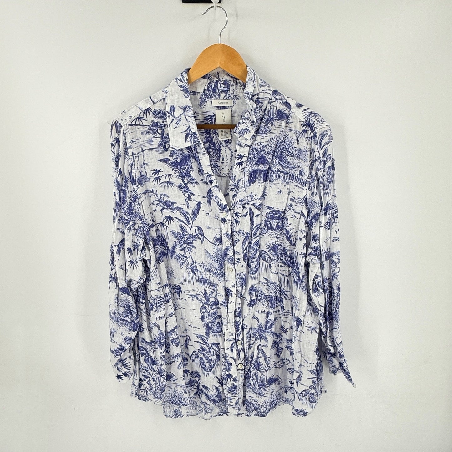 Joie 100% Linen Button Down Shirt Blue White Tropical Print 2X Coastal