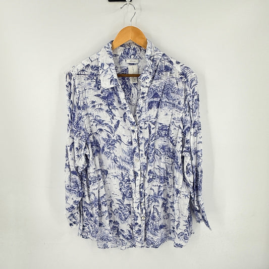 Joie 100% Linen Button Down Shirt Blue White Tropical Print 2X Coastal