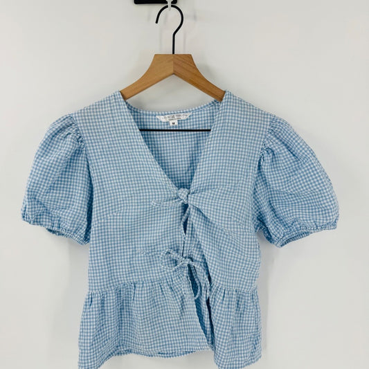 Live 4 Truth Gingham Tie Front Blouse Puff‎ Sleeve Blue Ruffle Peplum Size M