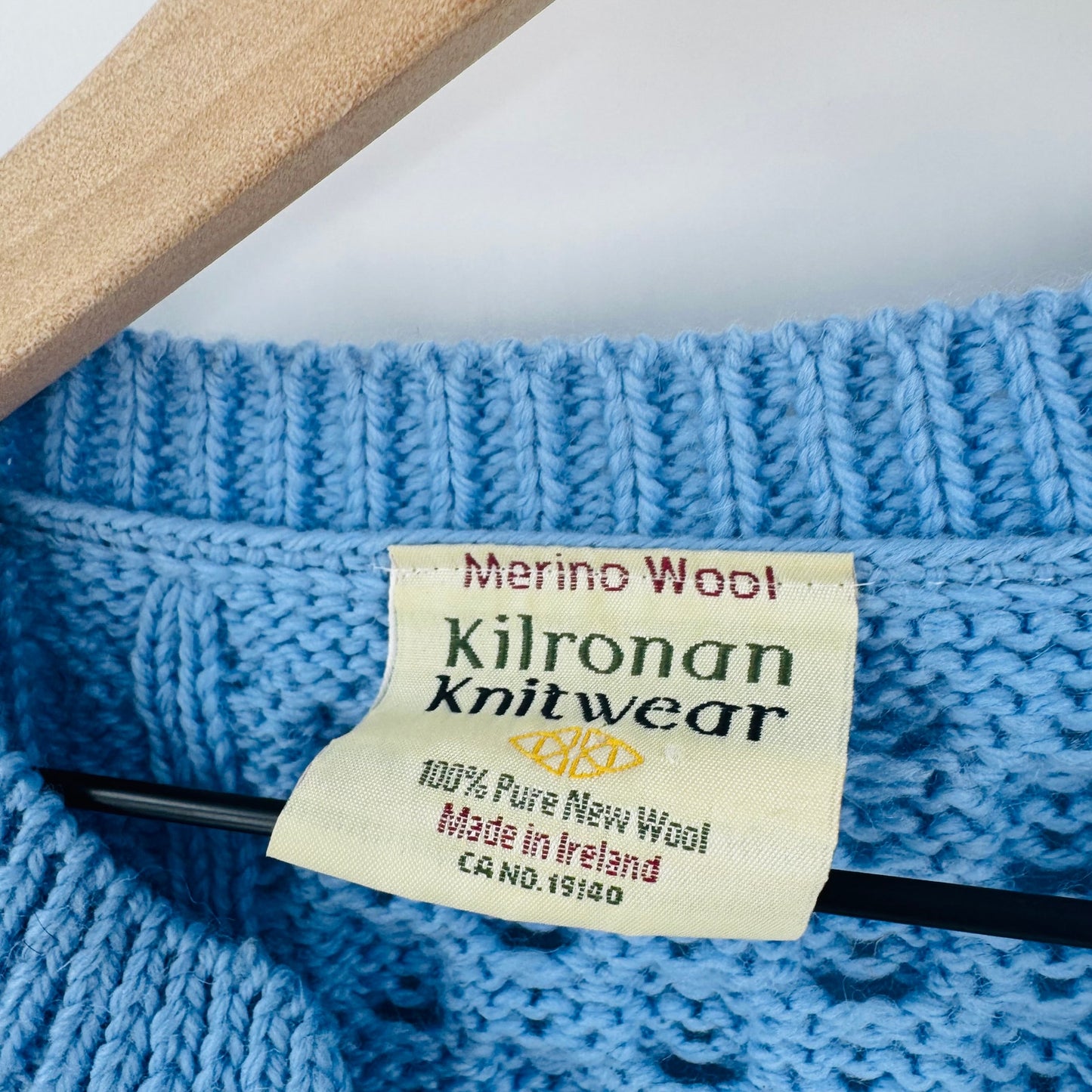 Kilronan Knitwear Irish Merino Wool Blue Aran Cardigan Buttons Small Fisherman