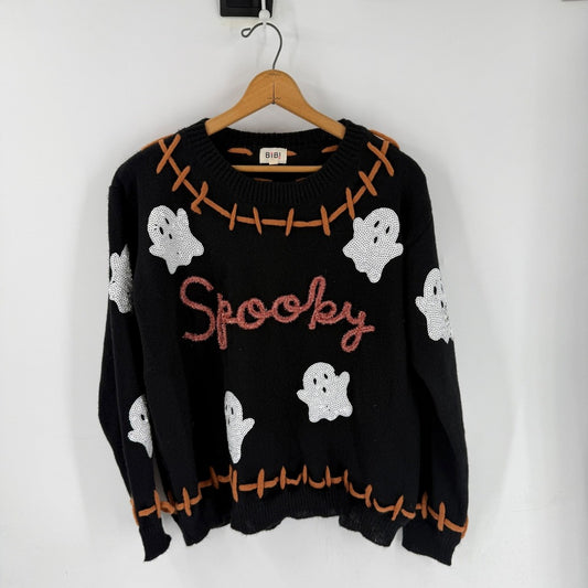 Boutique Bibi Ghost Sequin Sweater Black XL Halloween Spooky Festive Novelty