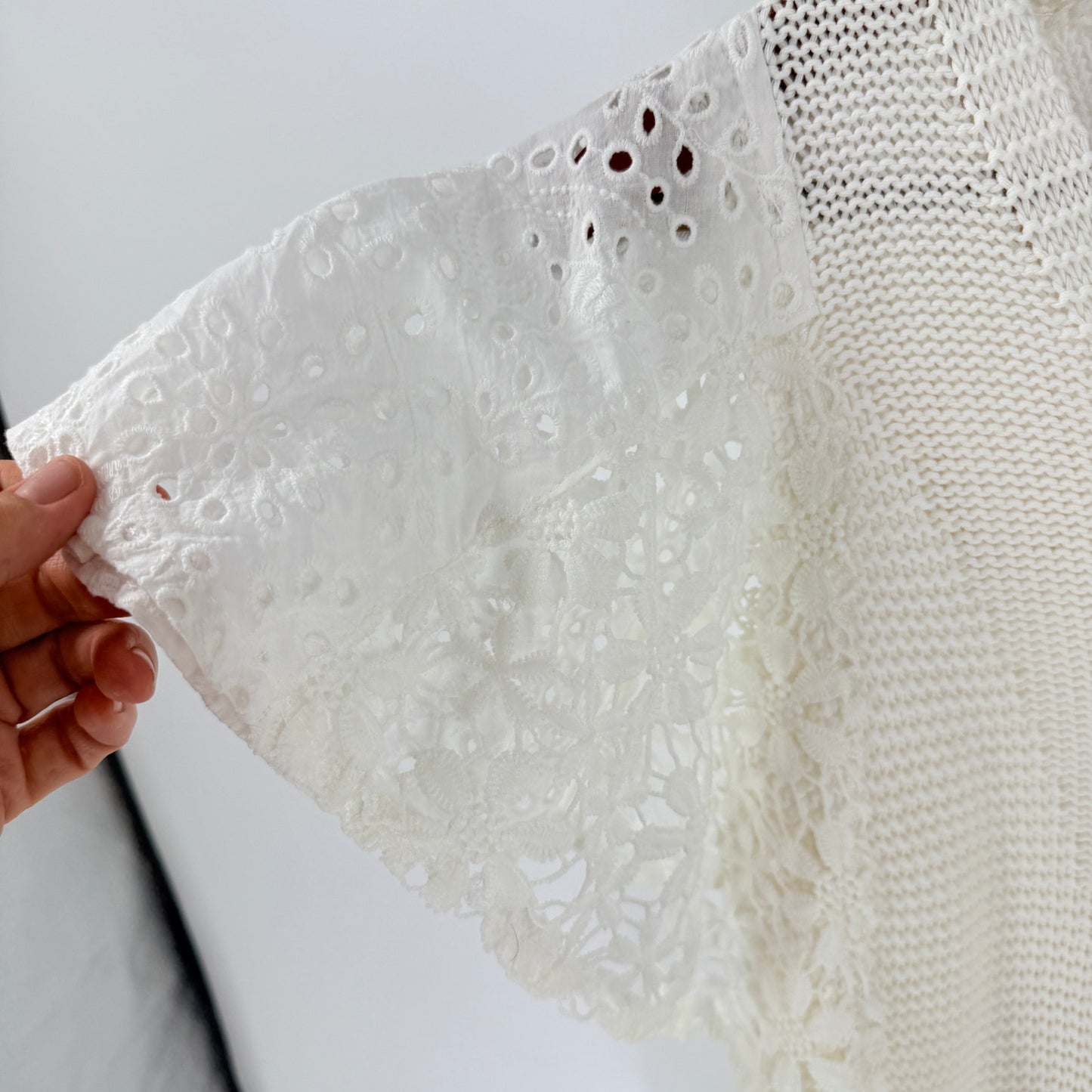 Democracy Crochet Knit Top Ivory Petite Medium Cotton Eyelet Coastal Boho