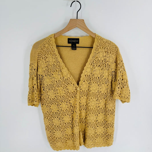 Vintage Mustard Yellow Crochet Floral Cardigan Size XL Cottage Ramie Shabby Chic