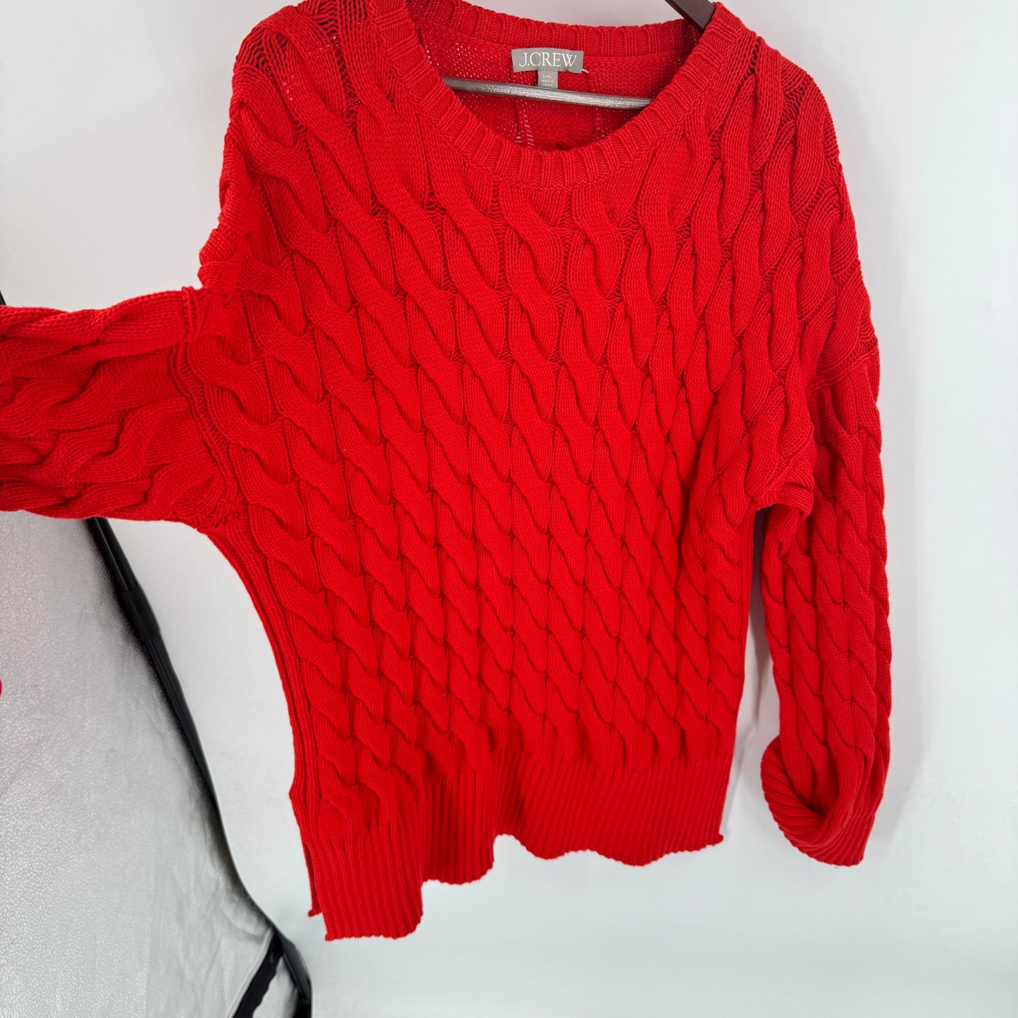 J.Crew Red Cotton Cable Knit Heavy Sweater Size L-XL Side Slit Crewneck Classic