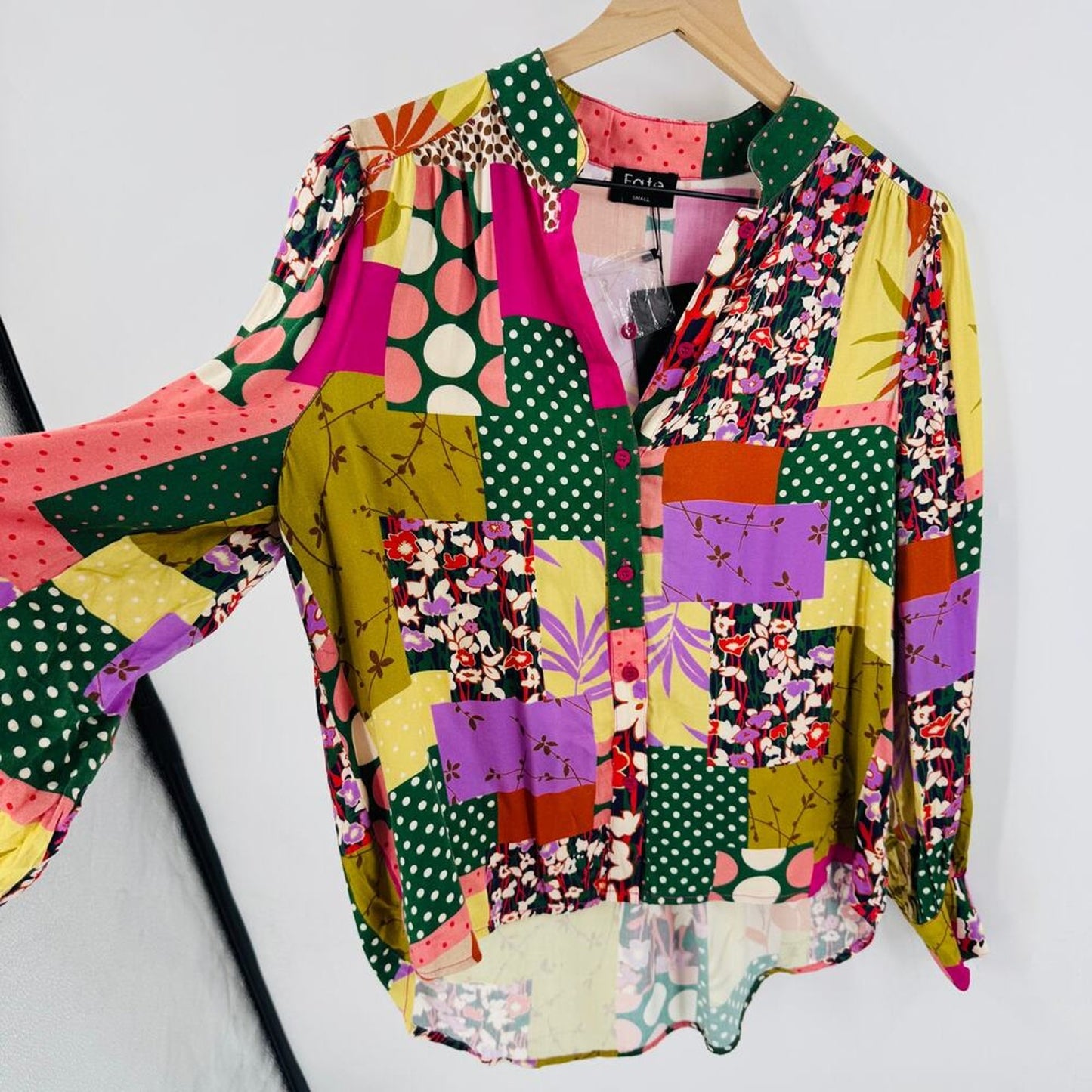Fate Patchwork Print Button‎ Front Blouse NWT Women’s Small Colorful Boho Top