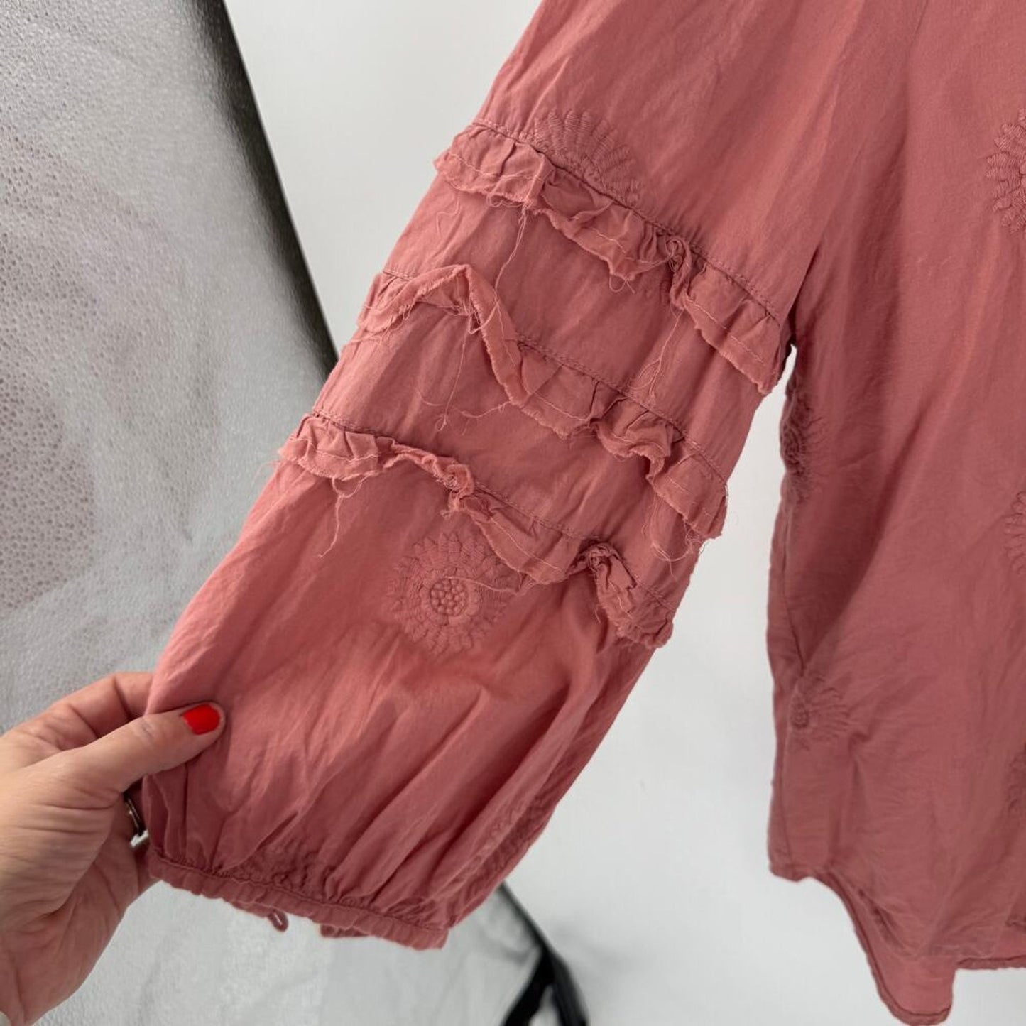 Anthropologie Isabella Sinclair Pink Mauve Ruffle Boho Cottage Sleeves Blouse XL