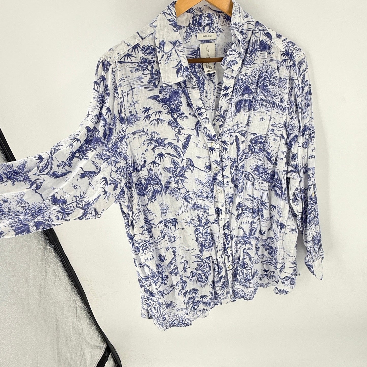 Joie 100% Linen Button Down Shirt Blue White Tropical Print 2X Coastal