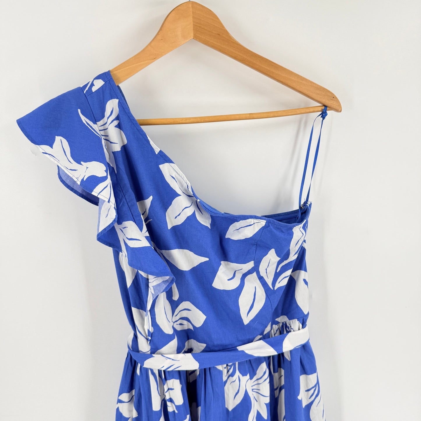 J. Crew Factory One Shoulder Floral Midi Dress Blue White Size 14 Belted