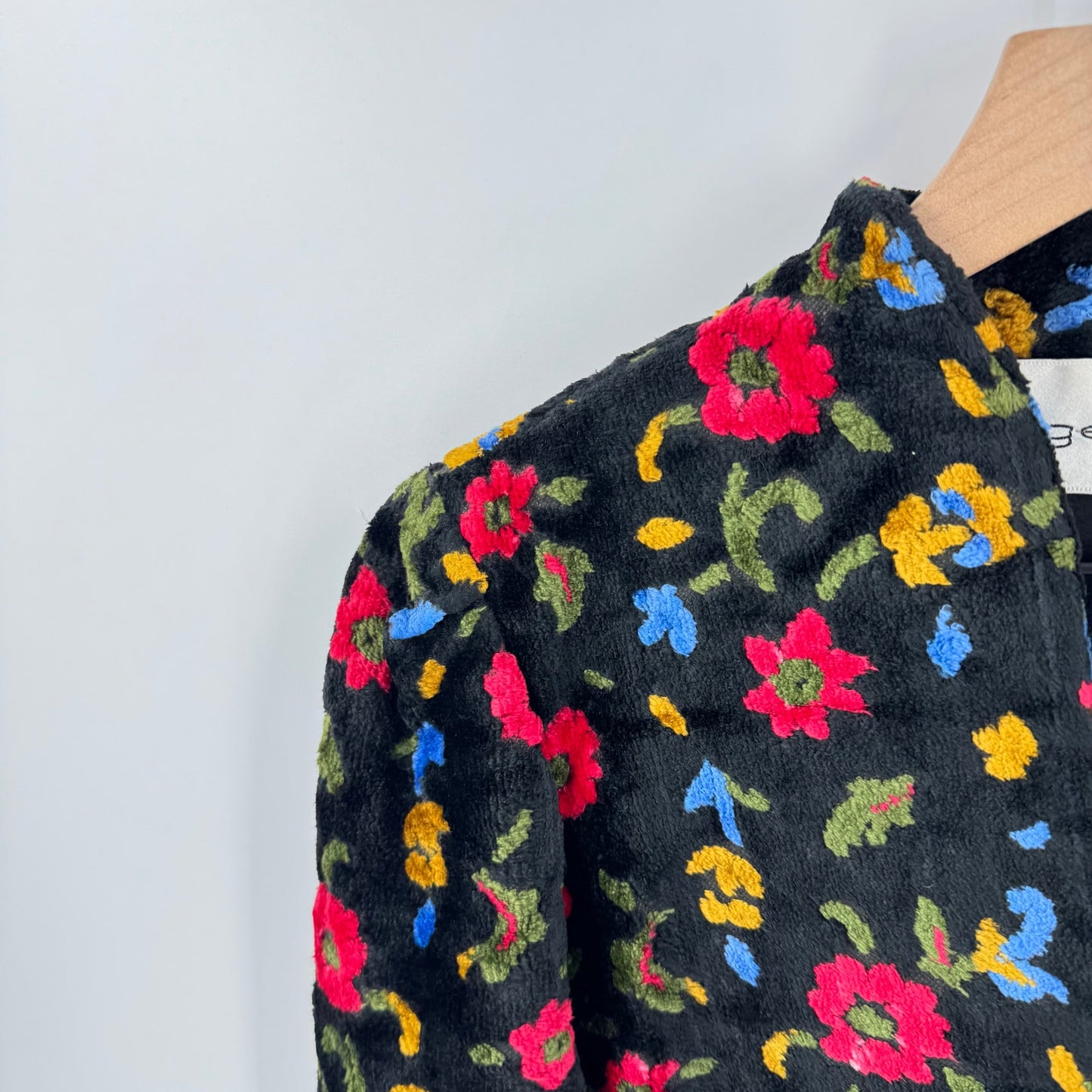 Vintage Ingeborg Black Floral Fuzzy Cropped Jacket Open Front Stand Collar