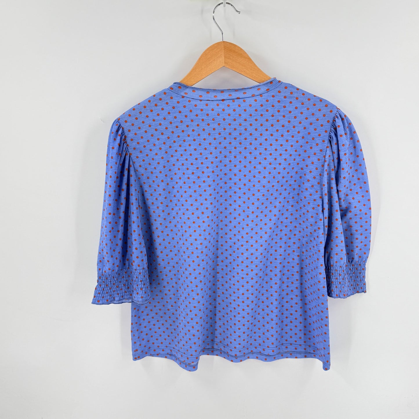 Zara Polka Dot Blouse Blue Red Medium Puff Sleeve Cottage Coastal