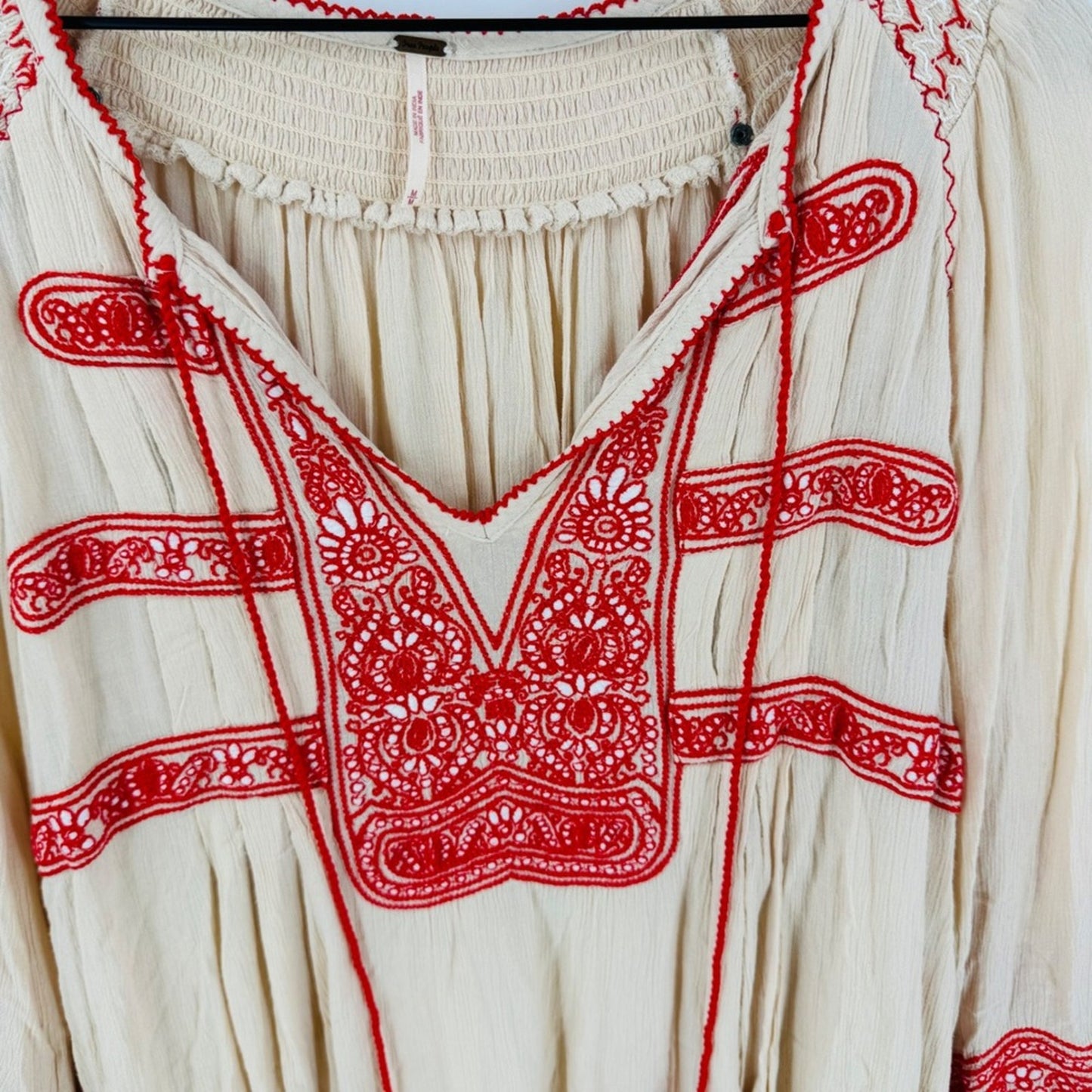 Free‎ People Wind Willow Mini Dress Embroidered Tassel Peasant Cream Red Size M