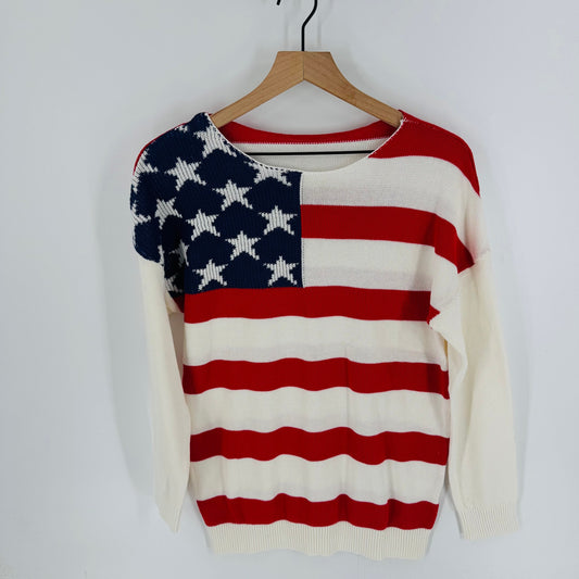 American Flag Sweater Small 100% Cotton USA Patriotic Stars Stripes Knit Pullover