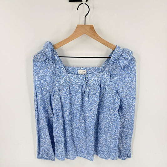 J. Crew Floral Ruffle Blouse Blue PXS Square Neck Cotton Cottagecore Top