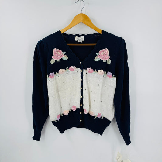 Vintage Floral Embroidered Cardigan Navy & Cream Deadstock Women’s L Cottage