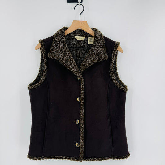 Vintage L.L. Bean Brown Faux Suede Sherpa Lined Vest Button Front Size M Cozy