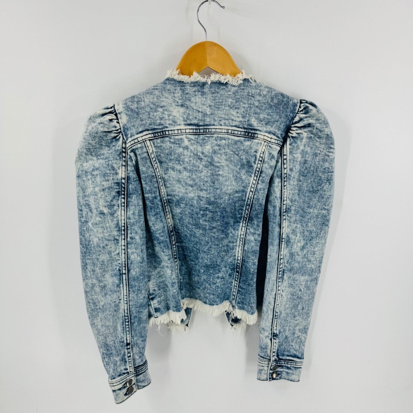 Retrofête Acid Wash Denim Jacket Puff Sleeve Frayed Collar Cuff Cropped Size S