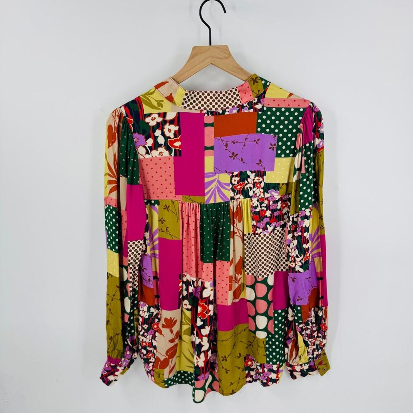 Fate Patchwork Print Button‎ Front Blouse NWT Women’s Small Colorful Boho Top