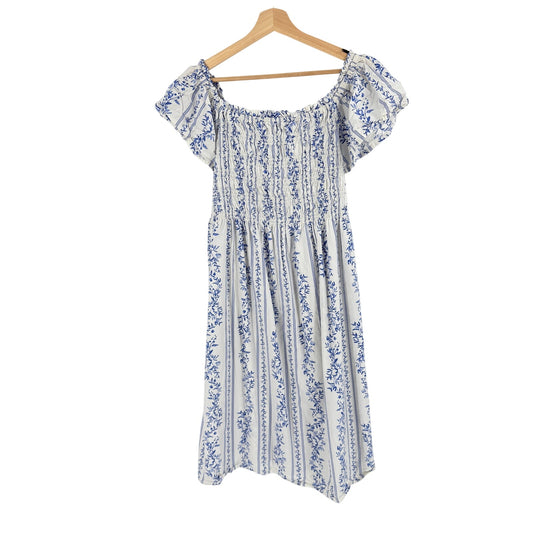 H&M Blue White Floral Smocked Dress XL Cottagecore Coastal Toile Puff Sleeve