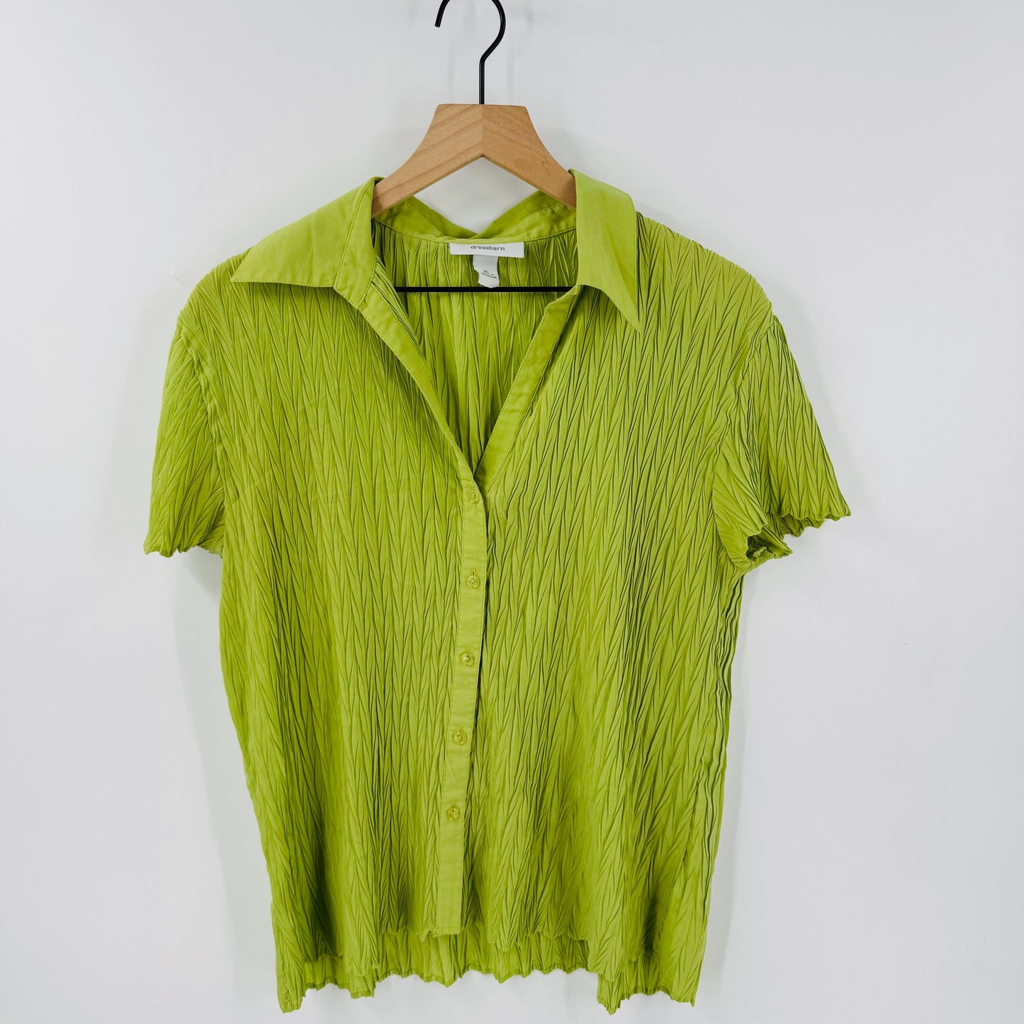 Vintage Dressbarn Green Crinkle Textured Short Sleeve Button Front Top XL