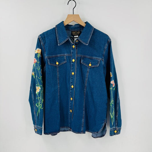 Bob‎ Mackie Wearable Art Denim Shirt Jacket Embroidered Floral Size M Festival