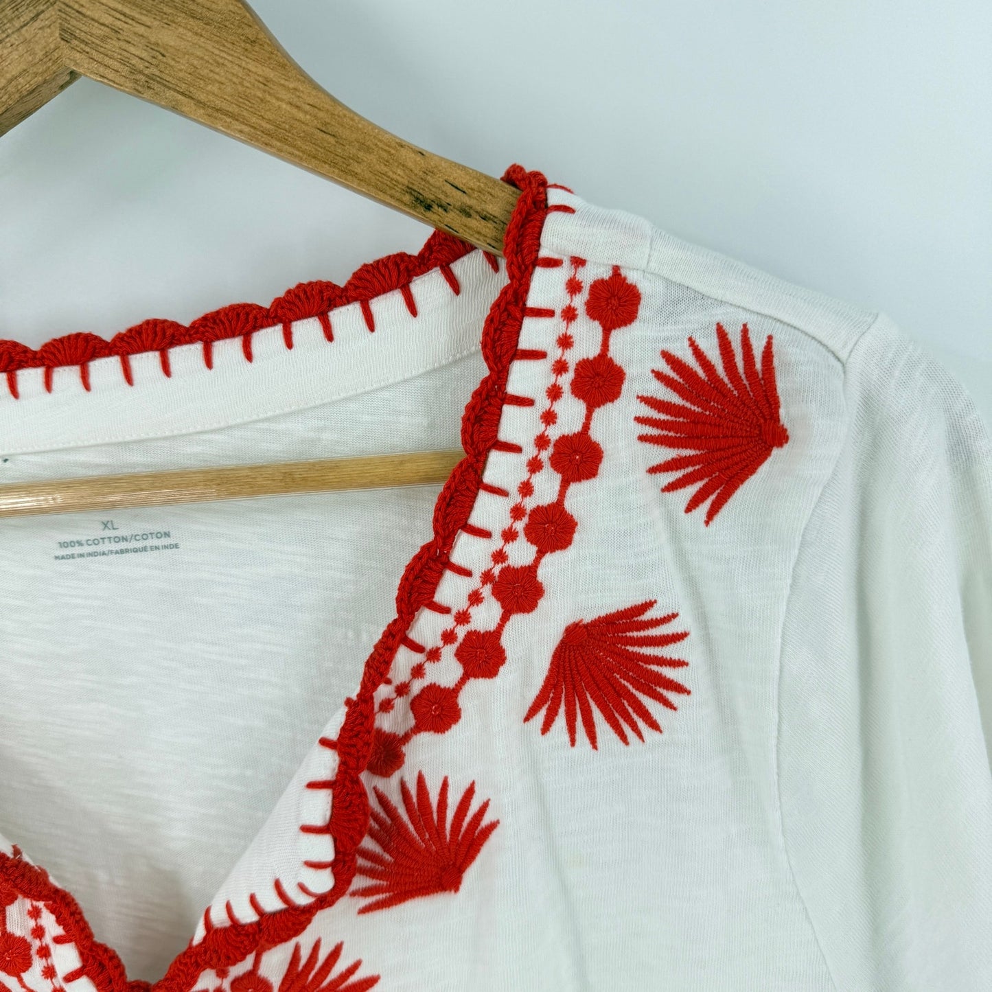 Talbots Embroidered Top Ivory Red XL Coastal Boho Americana