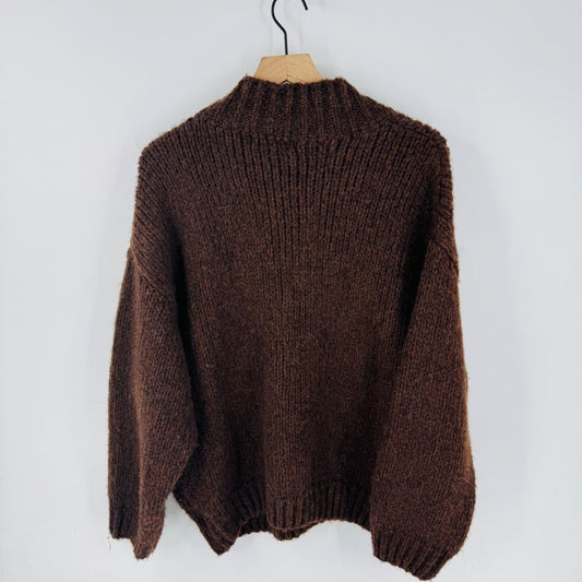 Knit Mix Brown Chunky Knit Oversized Mock Neck Cozy Sweater Size L Goblincore