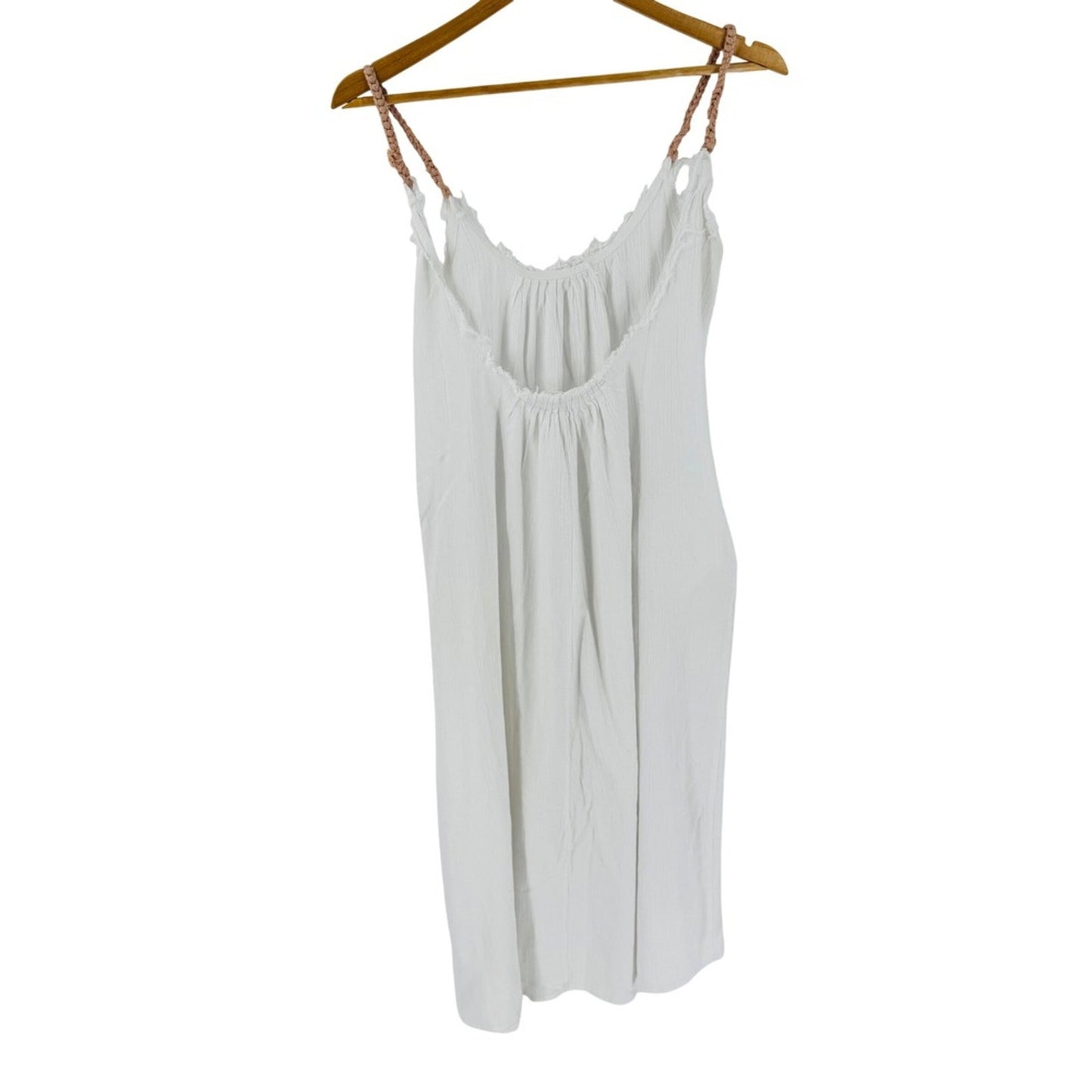 Barine White Gauze Cotton Pink Rope Strap Midi Dress Size L Beachy Boho Natural