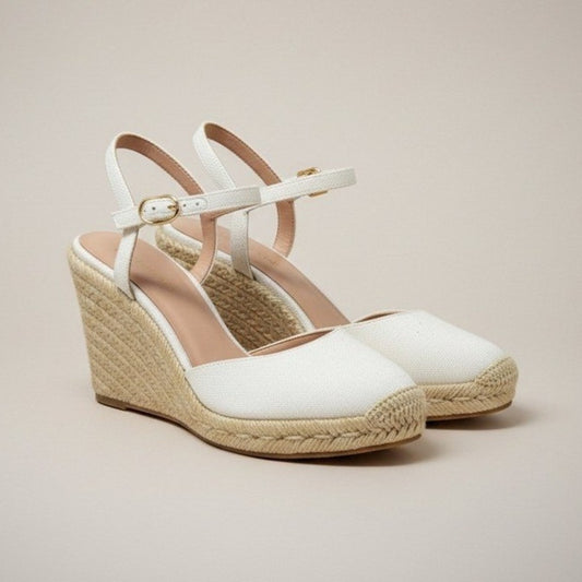 Stuart Weitzman Canvas Espadrille Wedge Ankle Strap Sandals Ivory Heels Size 8