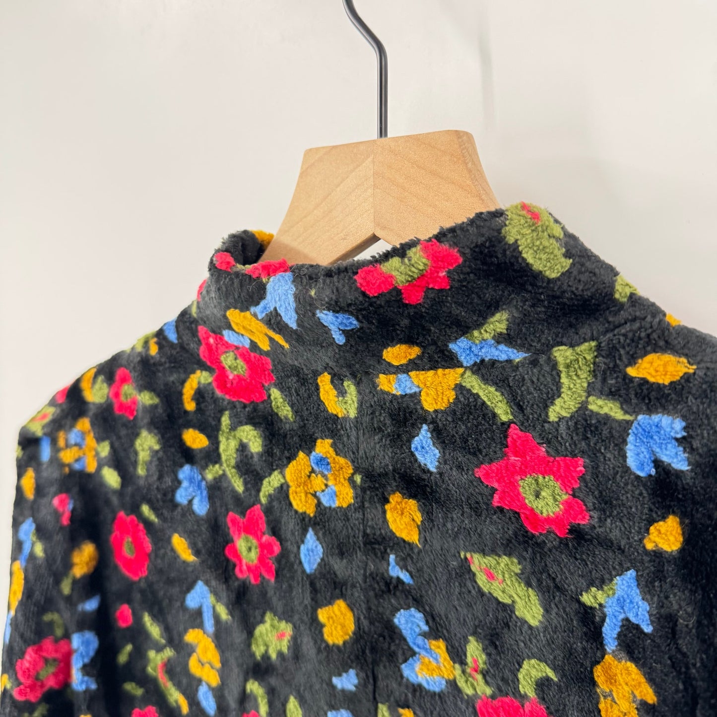 Vintage Ingeborg Black Floral Fuzzy Cropped Jacket Open Front Stand Collar