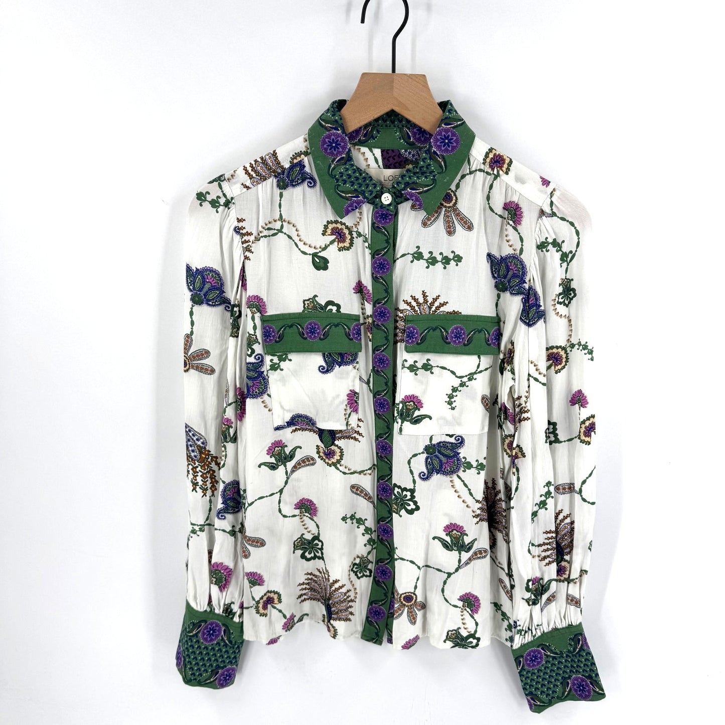 LOFT Floral Festival Artsy Button Front Blouse Green Purple Boho Top XS Peacock