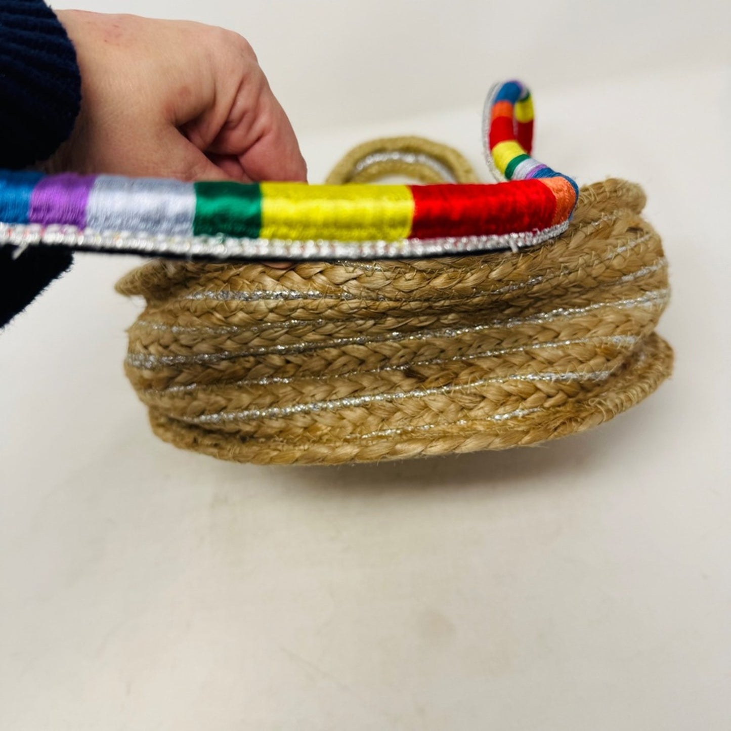Sam Edelman NWT Round Straw Bag‎ Woven Silver Accents Rainbow Strap