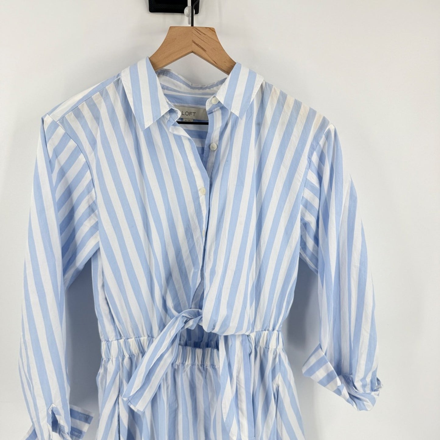 LOFT Powder Blue White Striped Shirt Midi Dress Open Front Size 4 Coastal Preppy
