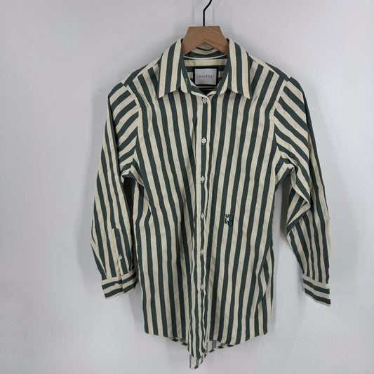 Yaitte Striped Button Front Shirt Green White Long Sleeve Top Size XS