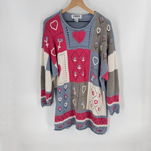 Vintage Unique Intl XL Sweater Heart Floral Patchwork Knit 80s 90s Cottagecore