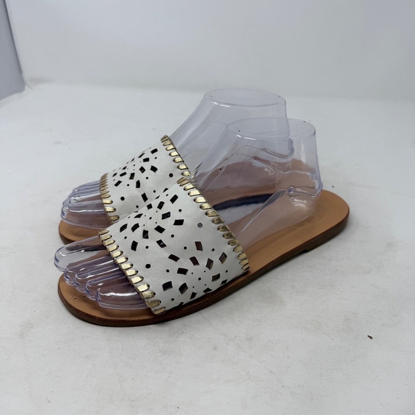 Jack Rogers Slip On Sandals White Gold Whipstitch Flats Size 8 Preppy‎ Coastal