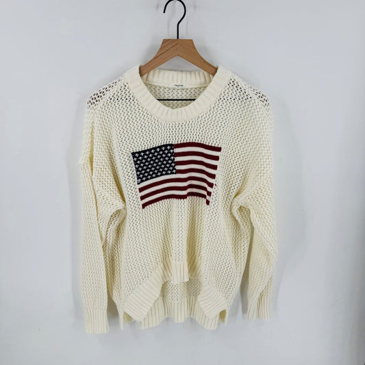 Maurices Cream American Flag Open Knit Sweater Size XL Americana Patriotic