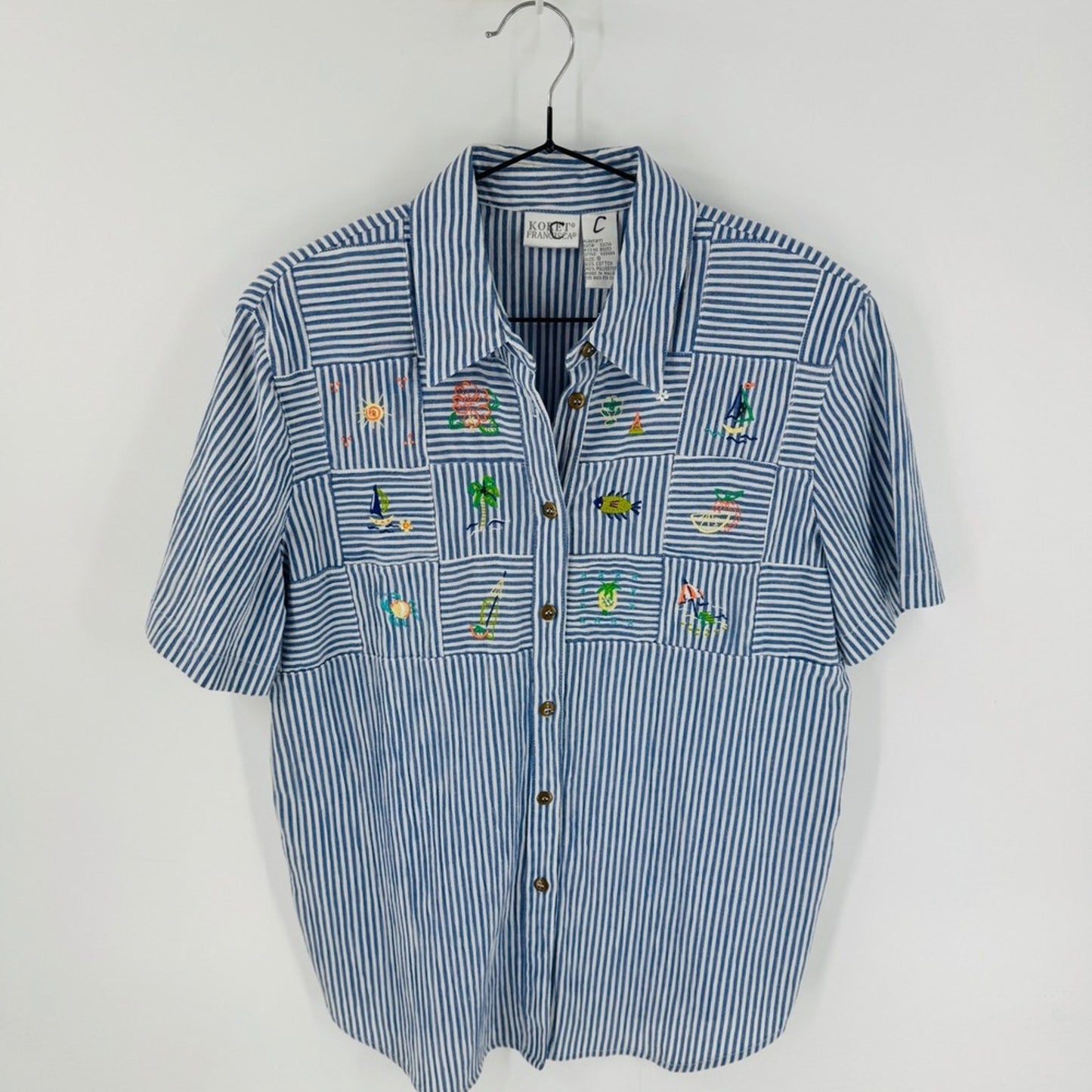 Vintage Embroidered Beach Scenes Button Down Shirt Blue Striped S Tropical