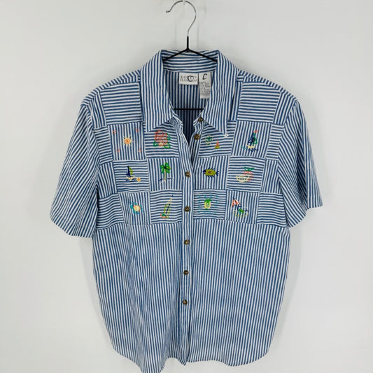 Vintage Embroidered Beach Scenes Button Down Shirt Blue Striped S Tropical