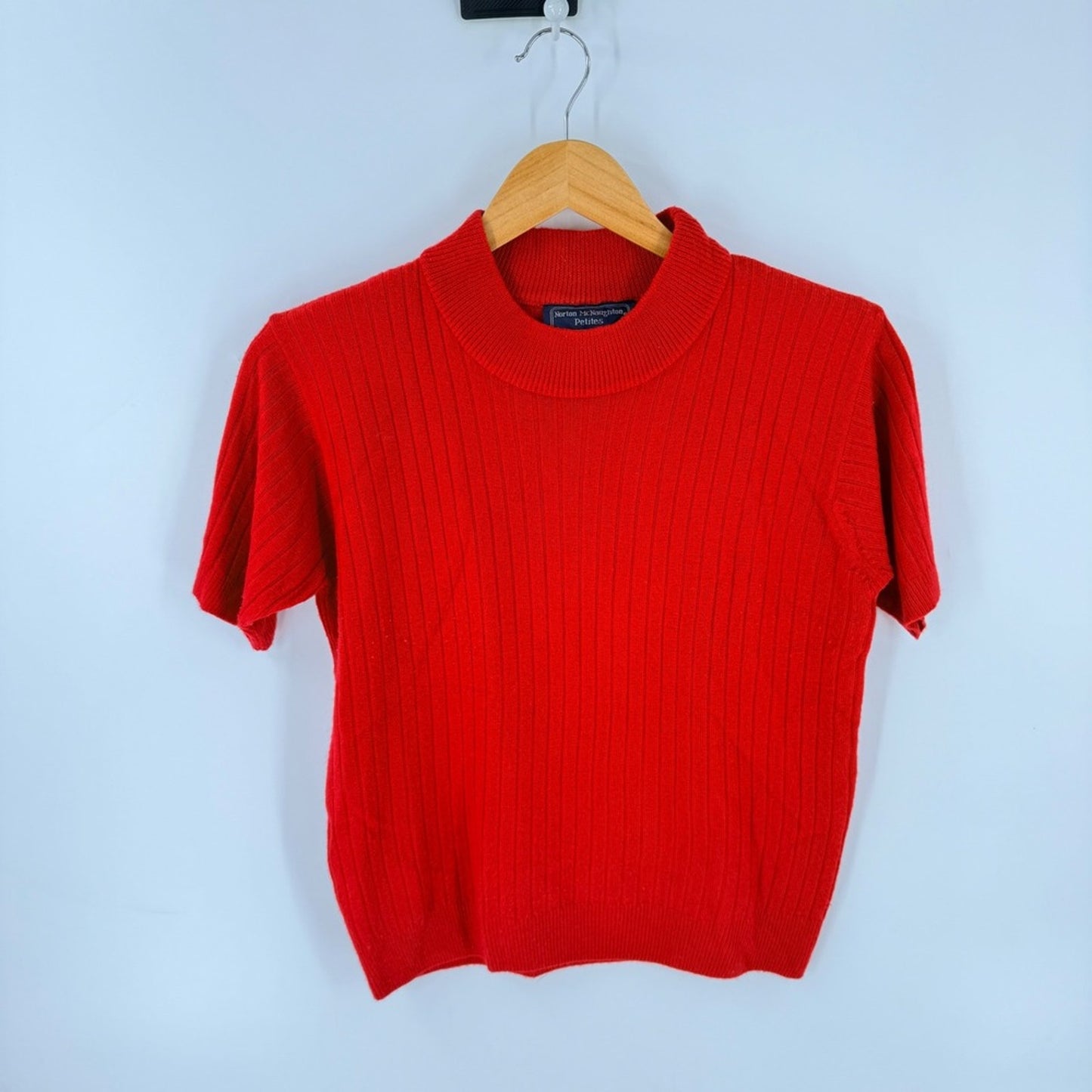 Vintage Red Mock Neck Ribbed Knit Norton McNaughton Short Sleeve Sweater SP