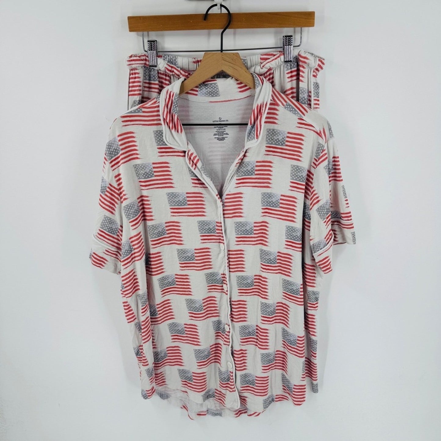 Little Pajama‎ Co. American Flag Sleepwear Set Button Top Shorts XXL Bamboo