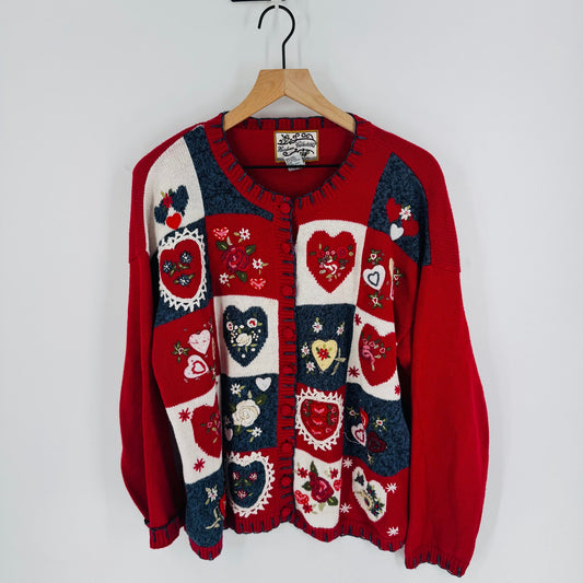 Vintage Heirloom Collections Heart Patchwork Embroidered Cardigan Sweater Size L